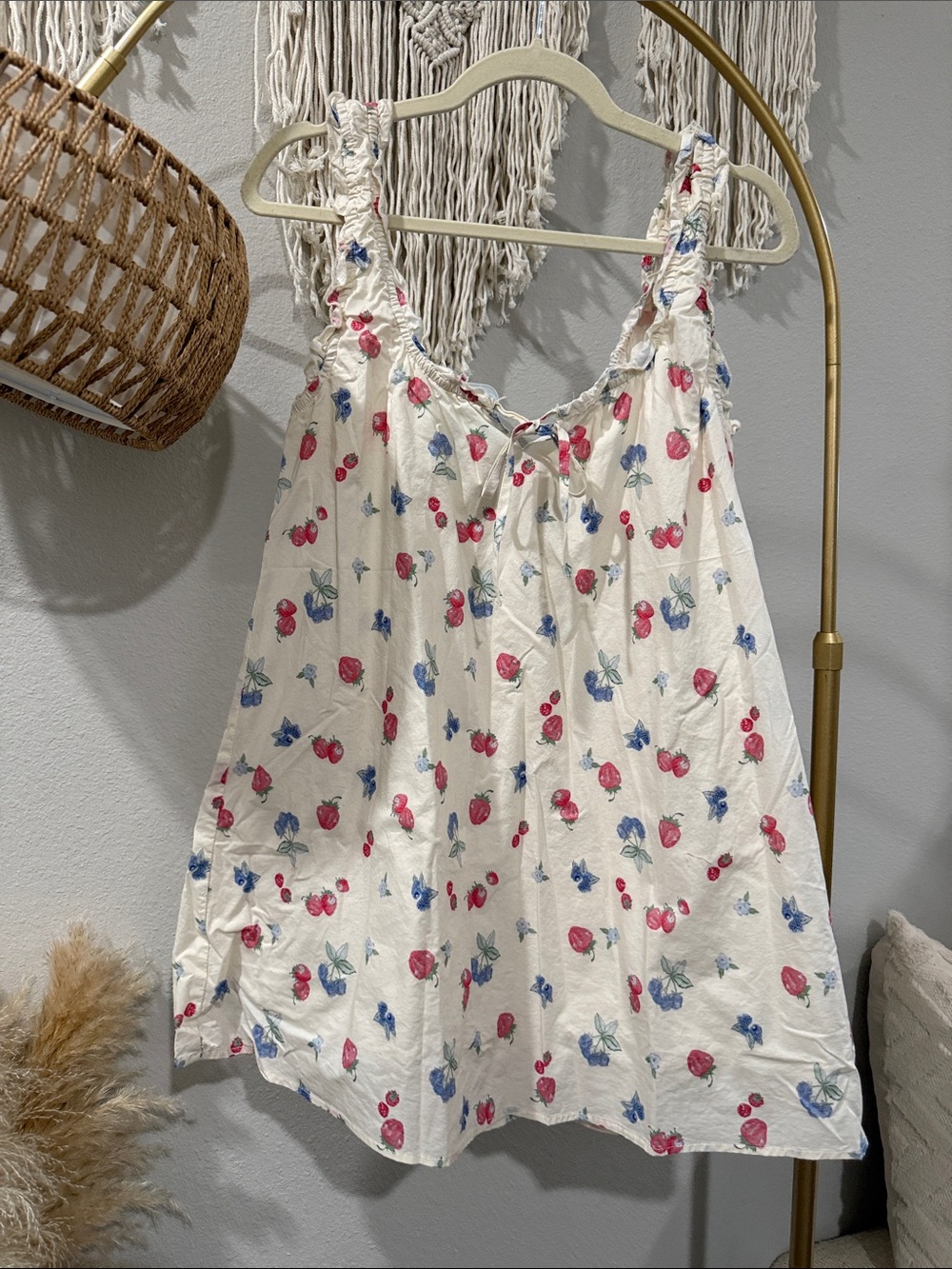 Cream Strawberry & Blue Floral Sleeveless Summer dress